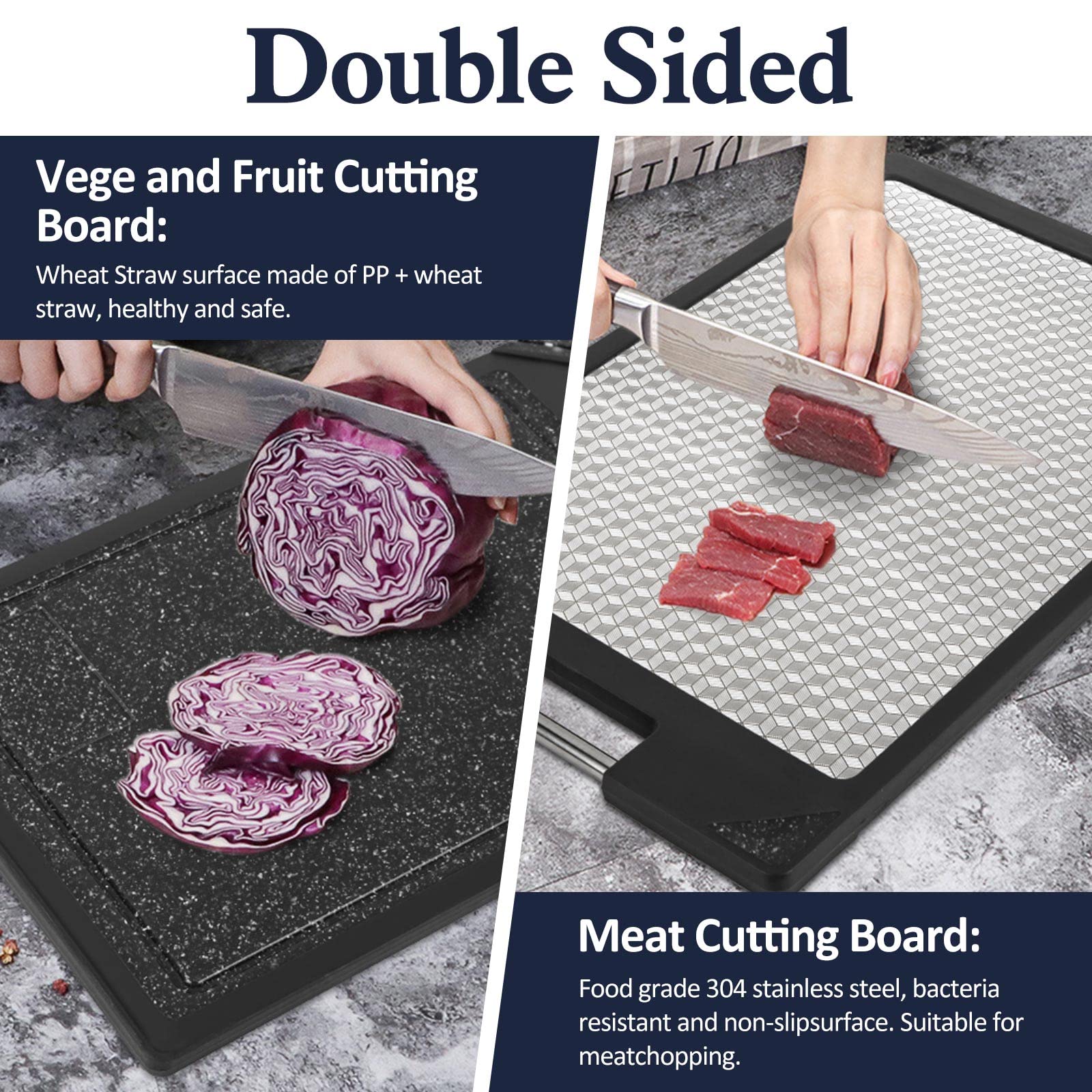 Double-Sided Cutting Board, Stainless Steel and Wheat Straw Plastic Chopping Board with 304 Magic Cube Stainless Steel for Meat and Vegetables (Stainless steel and Rubik's cube pattern, 15.7*10.6Inch)