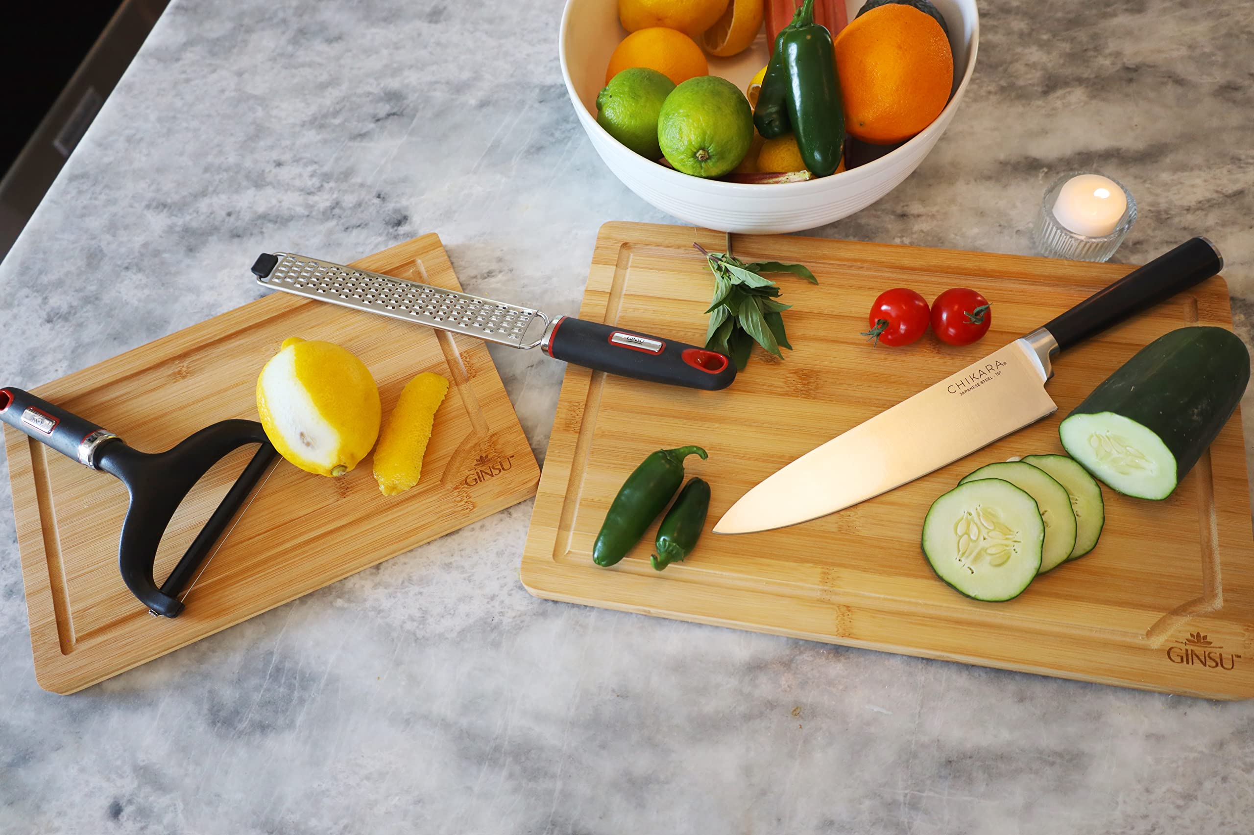 Ginsu Cutting Board Set – 3Pcs Bamboo Cutting Board for Chopping, Slicing, Dicing – Heavy Duty Butcher Block Countertop Household Supplies – Protects Cooking Surface, Knife Blade