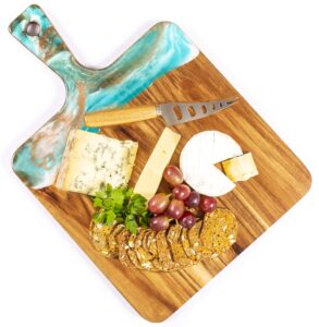 large wooden charcuterie board, paddle 11.5 in x 11.5 in plus 5in handle, serving platter, cheese board and knife set in gift box. charcuterie board, handmade ocean themed epoxy resin