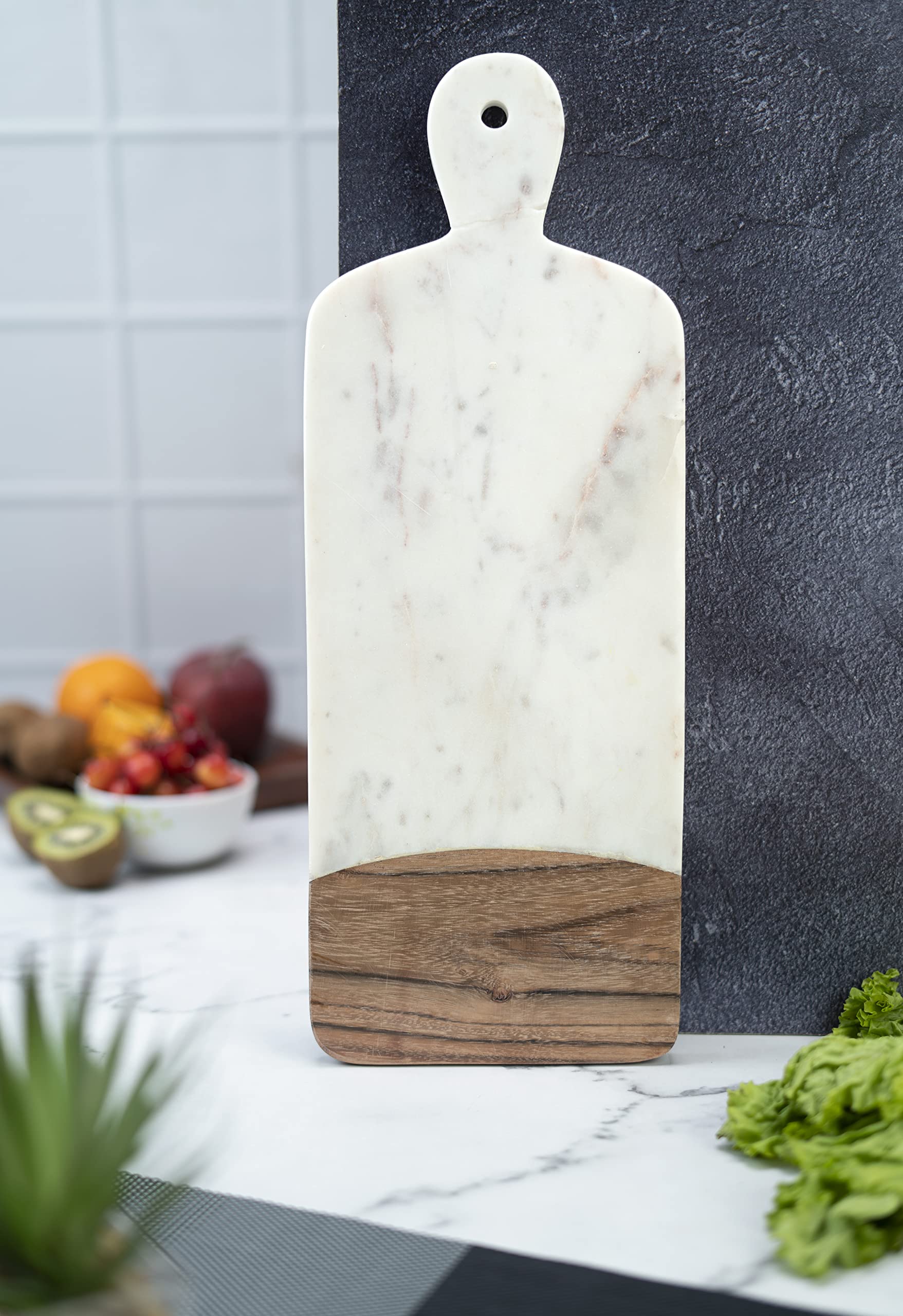 Wooden and Marble Cutting Board - Chopping Board With Handle - Wooden Cutting Boards for Kitchen Decor Accessories - Charcuterie Boards for Steak Fruits - Serving Trays - Size : 14x6" Inch