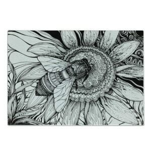 lunarable nature cutting board, bee on a flower honey floral mother earth phase wildlife digital print art, decorative tempered glass cutting and serving board, large size, black white