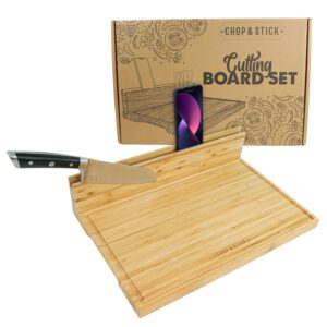 chop & stick cutting board and cheese knife set with magnetic knife holder - xxl 18'' x 12'' x 1'' inch bamboo charcuterie board set, multifunctional board