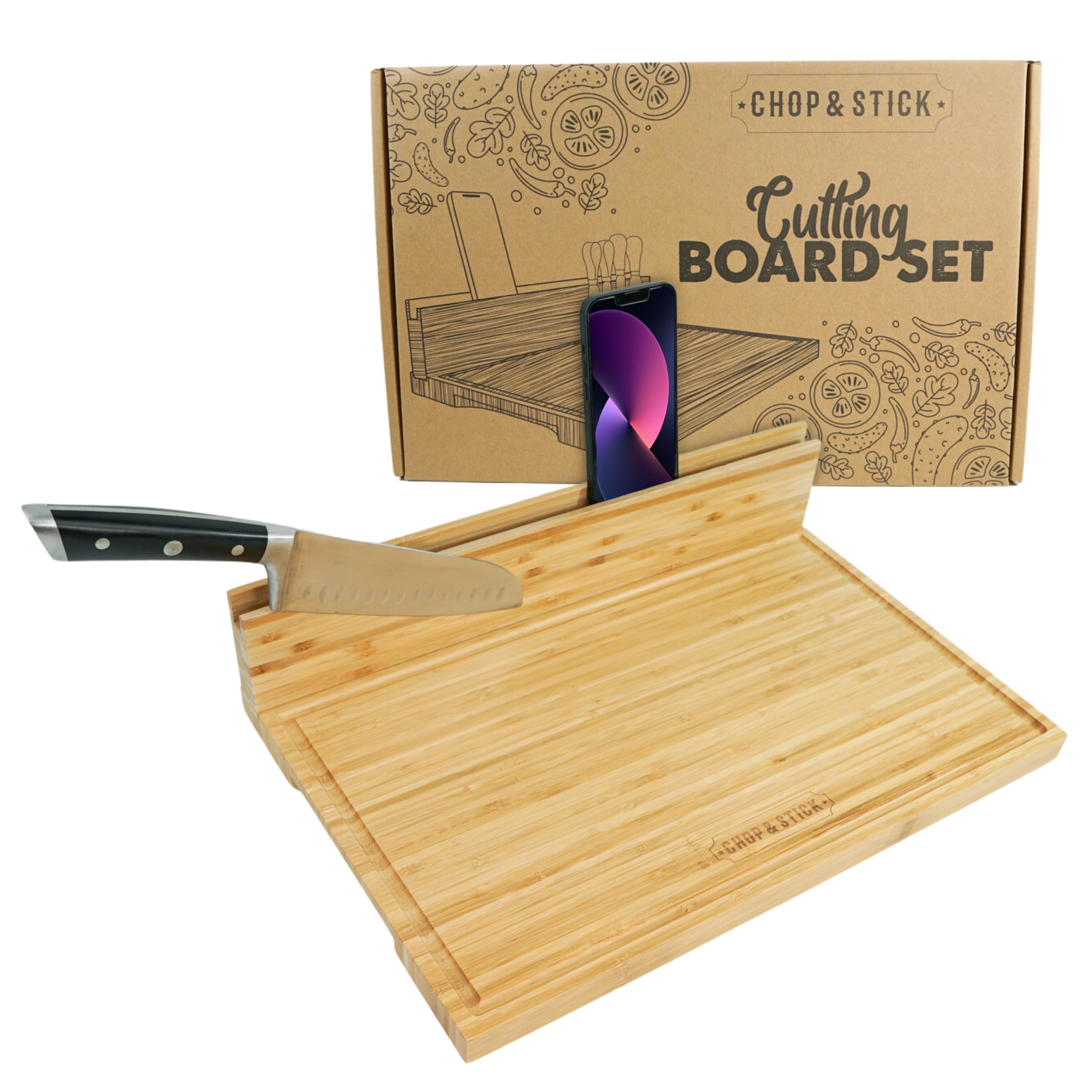 CHOP & STICK Cutting Board and Cheese Knife Set with Magnetic Knife Holder - XXL 18'' x 12'' x 1'' inch Bamboo Charcuterie Board Set, Multifunctional Board