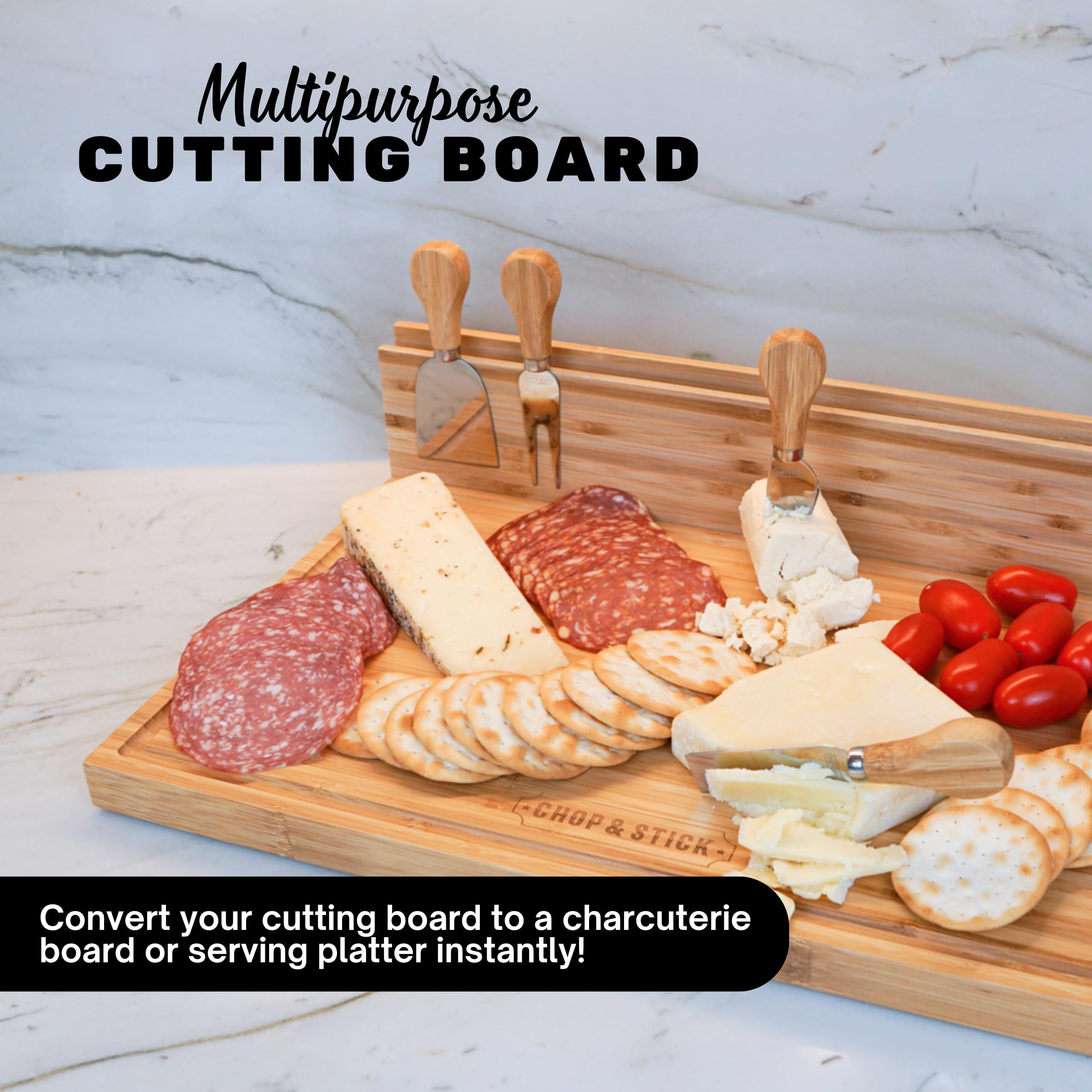 CHOP & STICK Cutting Board and Cheese Knife Set with Magnetic Knife Holder - XXL 18'' x 12'' x 1'' inch Bamboo Charcuterie Board Set, Multifunctional Board