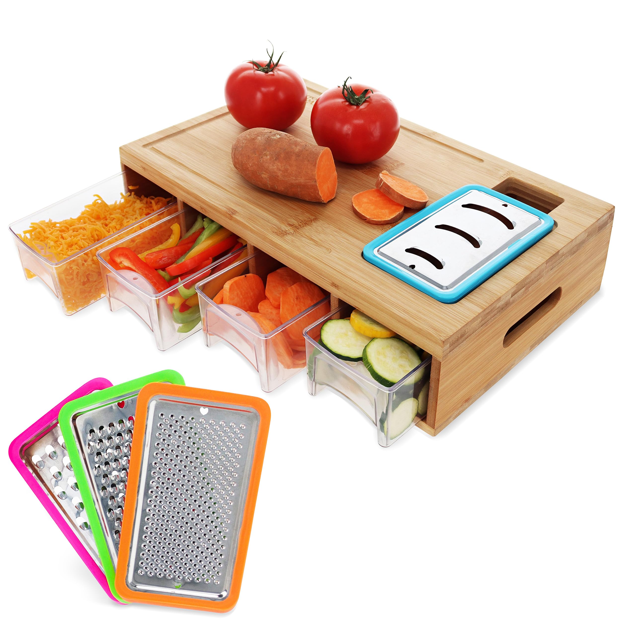 Potted Pans Meal Prep Station Food Chopping Board Set - 4 in 1 Bamboo Cutting Board with Containers, Lids, and Graters