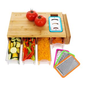 Potted Pans Meal Prep Station Food Chopping Board Set - 4 in 1 Bamboo Cutting Board with Containers, Lids, and Graters