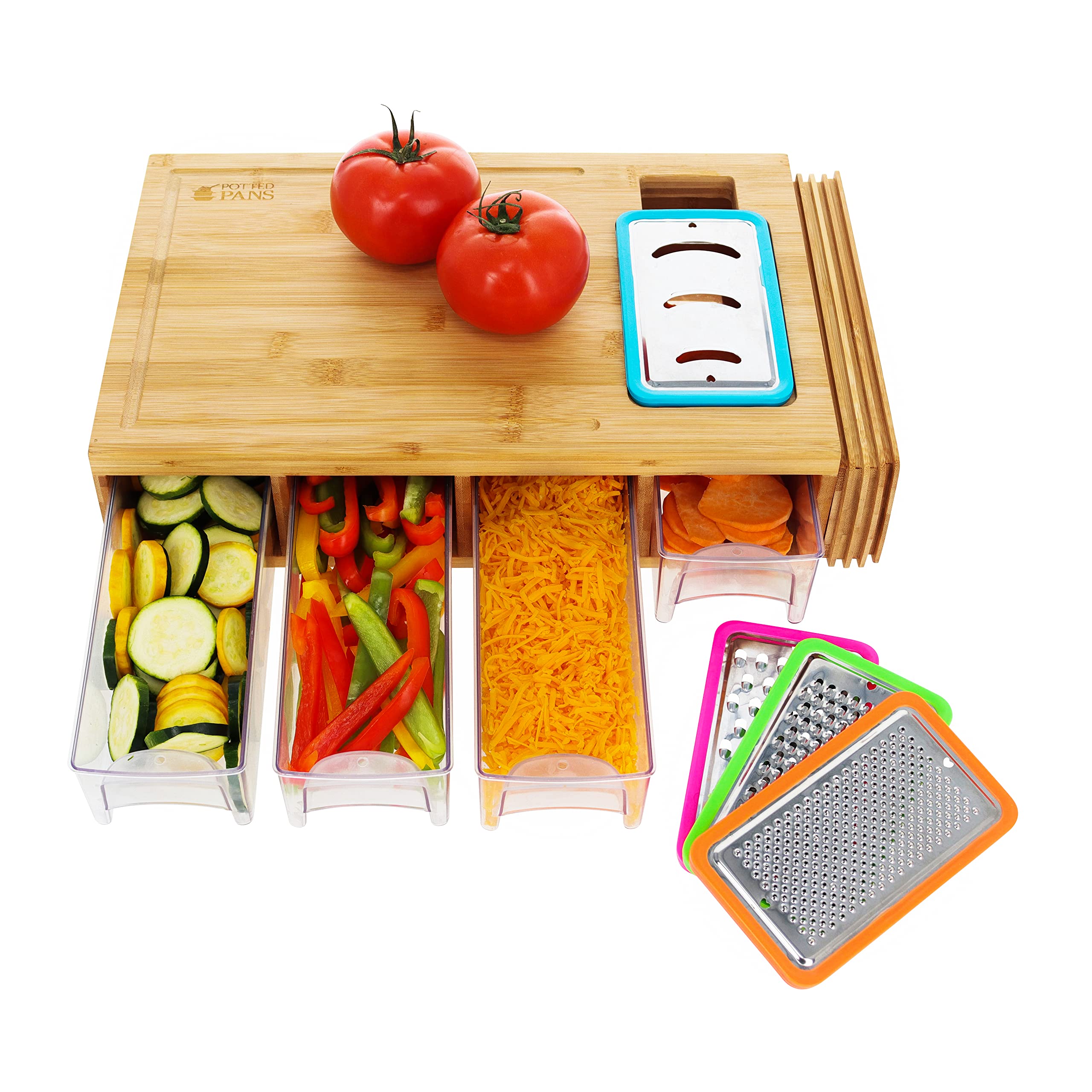 Potted Pans Meal Prep Station Food Chopping Board Set - 4 in 1 Bamboo Cutting Board with Containers, Lids, and Graters