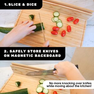 CHOP & STICK Cutting Board and Cheese Knife Set with Magnetic Knife Holder - XXL 18'' x 12'' x 1'' inch Bamboo Charcuterie Board Set, Multifunctional Board