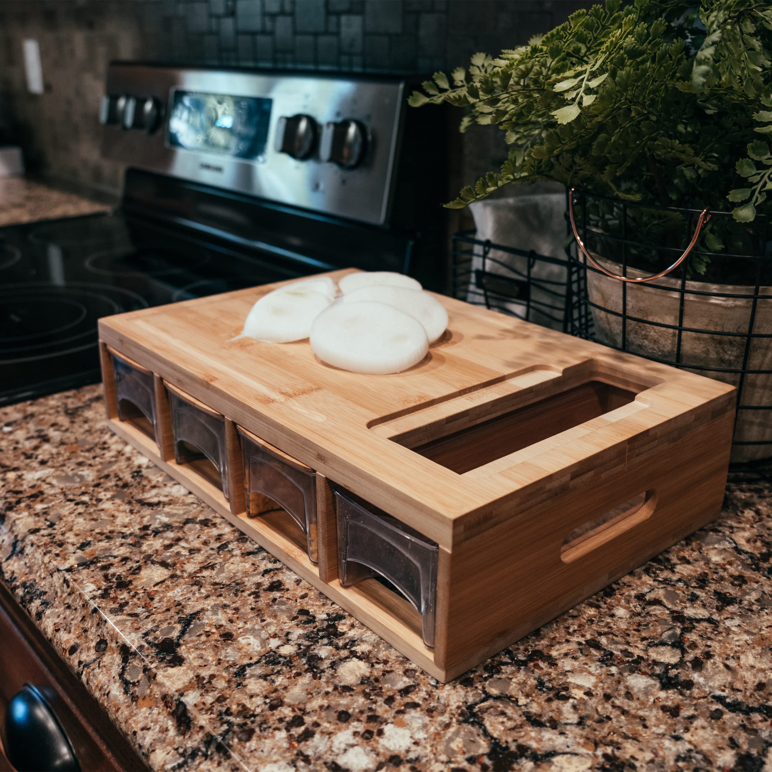 Potted Pans Meal Prep Station Food Chopping Board Set - 4 in 1 Bamboo Cutting Board with Containers, Lids, and Graters