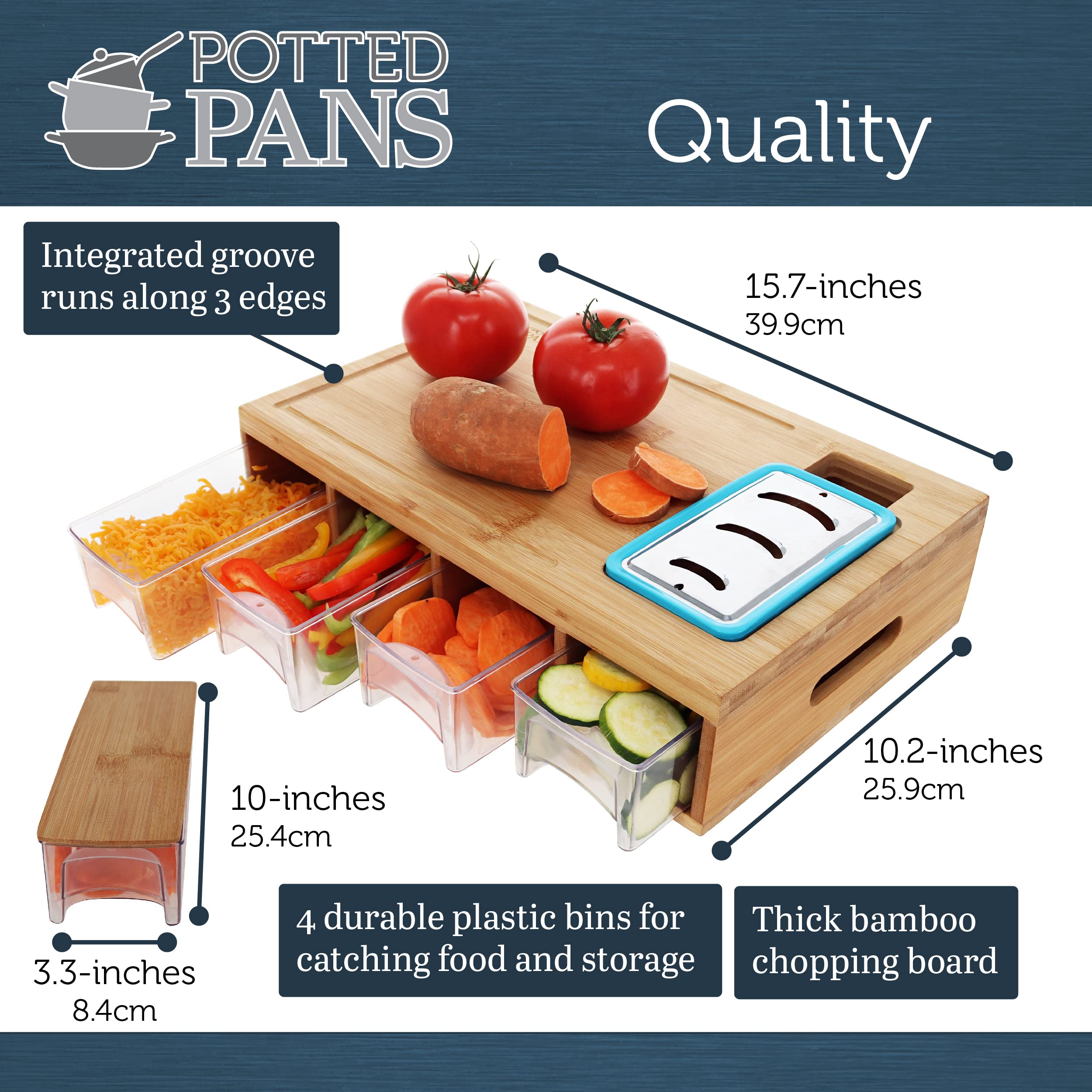 Potted Pans Meal Prep Station Food Chopping Board Set - 4 in 1 Bamboo Cutting Board with Containers, Lids, and Graters