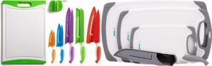 eatneat 12 pc colorful kitchen knife set - camper must haves 5 stainless steel knives with safety sheaths 5 pc cutting board and kitchen knife set