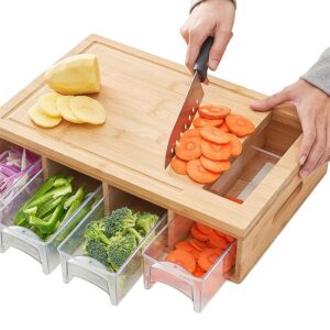 bamboo cutting board with 4 containers, large chopping board with juice grooves, easy-grip handles & food sliding opening, carving board with trays for food storage, transport and cleanup
