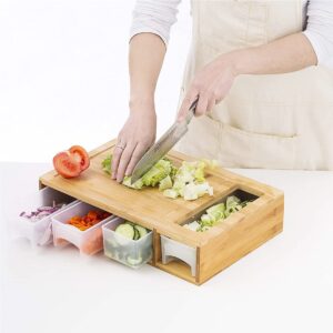 Bamboo Cutting Board with 4 Containers, Large Chopping Board with Juice Grooves, Easy-grip Handles & Food Sliding Opening, Carving Board with Trays for Food Storage, Transport and Cleanup