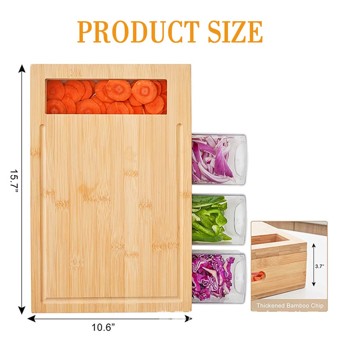 Bamboo Cutting Board with 4 Containers, Large Chopping Board with Juice Grooves, Easy-grip Handles & Food Sliding Opening, Carving Board with Trays for Food Storage, Transport and Cleanup