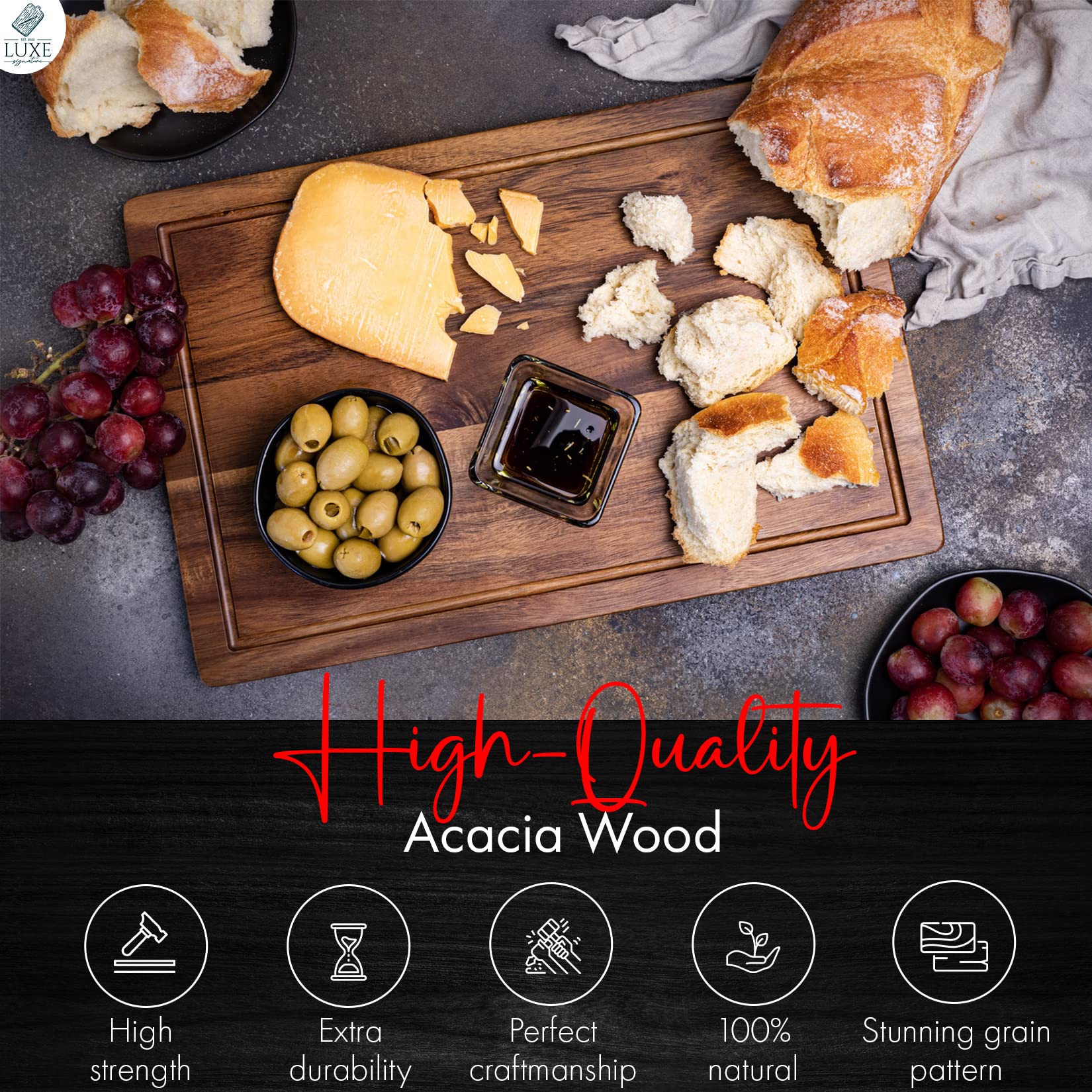 Premium Acacia Wood Cutting Board - Perfect for Chopping Fruits, Vegetables, Cheese and Meat - Large Kitchen Block and Serving Tray Charcuterie Board With Juice Groove (18 x 12 x 1)