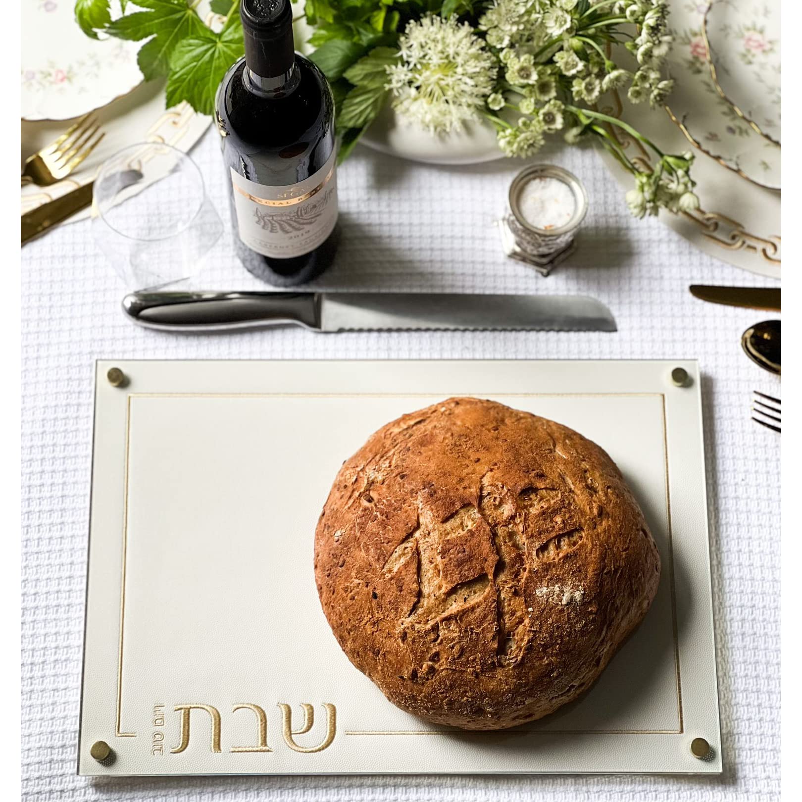 Lucite Challah Board - Shabbat Challah Board with Embroidered Leatherette, Acrylic and Glass Top - Challah Bread Platter (Gold)