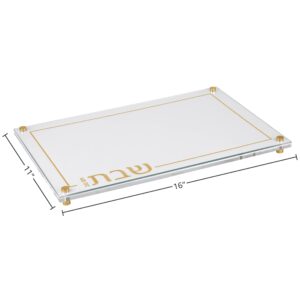 Lucite Challah Board - Shabbat Challah Board with Embroidered Leatherette, Acrylic and Glass Top - Challah Bread Platter (Gold)