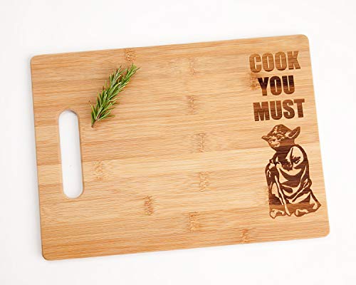 Yoda Cook You Must 8.5"x11" Engraved Bamboo Wood Cutting Board with Handle Star Wars Gift