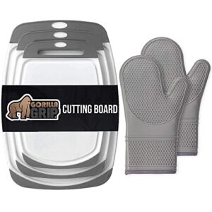 gorilla grip cutting board set of 3 and silicone oven mitts set, both in gray color, 2 item bundle