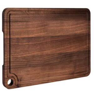 walnut cutting board by timberro (17x12x0.8 inches) with hanging hole, built-in handles, and a deep and wide juice groove, edge grain, finished with mineral oil, tall size