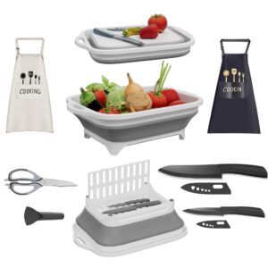 camping accessories kit, collapsible cutting board,chef fruit knife set,shears with magnet holder,2 pack aprons black and white with 2 pockets,kitchen utensil gadgets,wash basin sink,colander strainer
