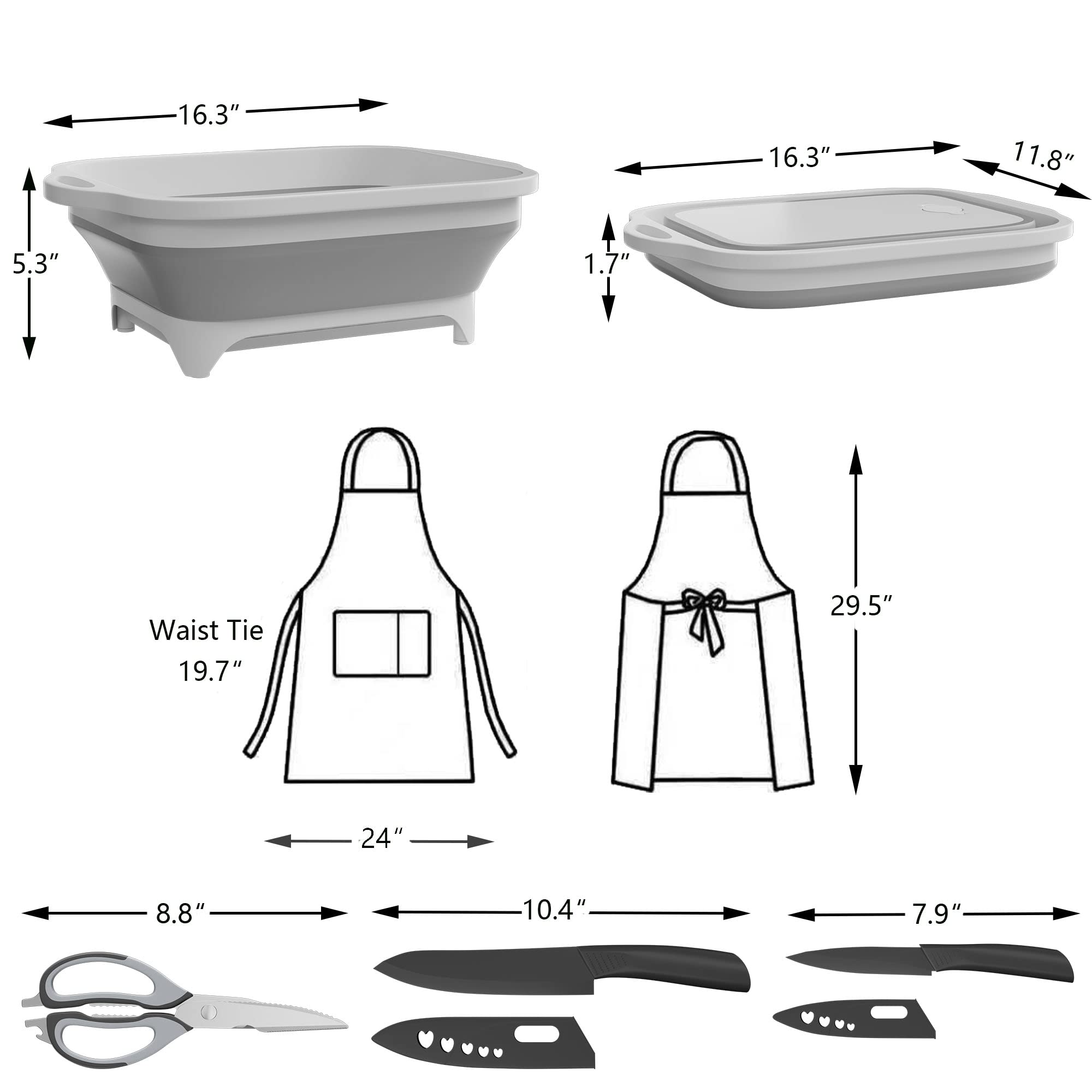 Camping Accessories Kit, Collapsible Cutting Board,Chef Fruit Knife Set,Shears with Magnet Holder,2 Pack Aprons Black and White with 2 Pockets,Kitchen Utensil Gadgets,Wash Basin Sink,Colander Strainer