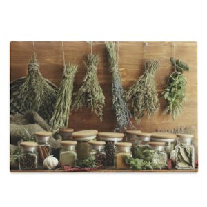 ambesonne spice cutting board, dried herbs and pepper hanging and ingredients in jars on a wooden background, decorative tempered glass cutting and serving board, large size, multicolor
