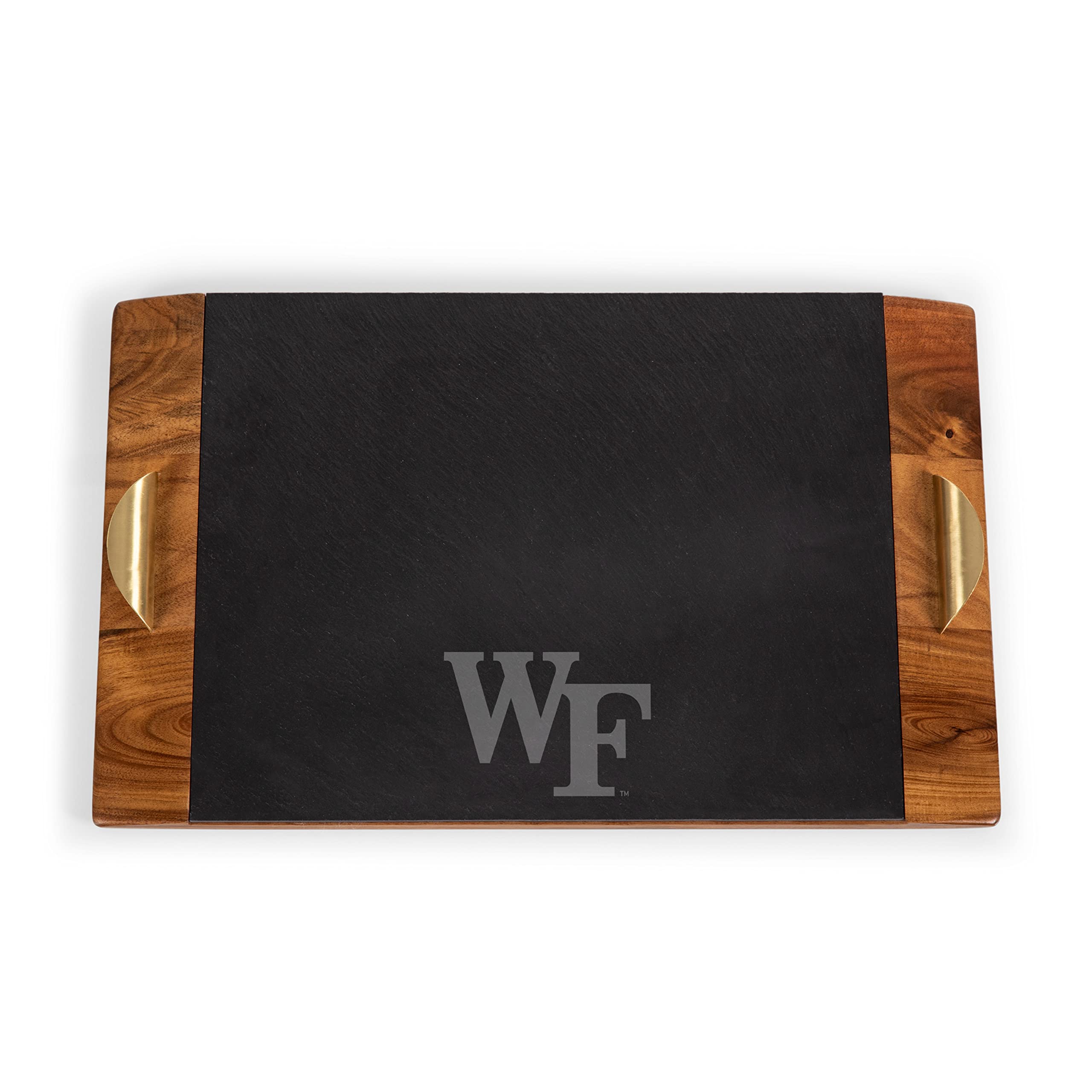 PICNIC TIME NCAA Wake Forest Demon Deacons Covina Acacia and Slate Serving Tray, Charcuterie Board Set, (Acacia Wood & Slate Black with Gold Accents)