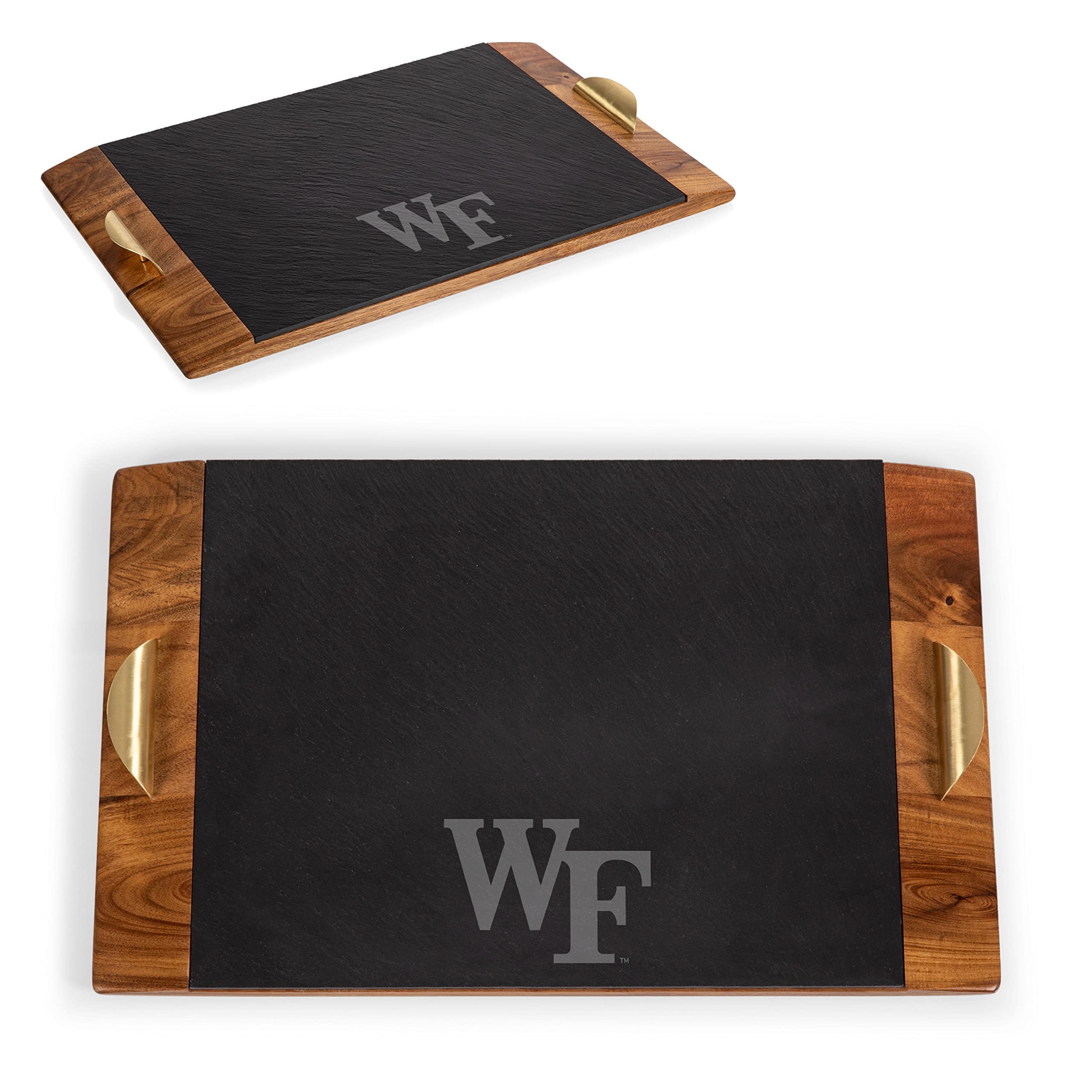 PICNIC TIME NCAA Wake Forest Demon Deacons Covina Acacia and Slate Serving Tray, Charcuterie Board Set, (Acacia Wood & Slate Black with Gold Accents)