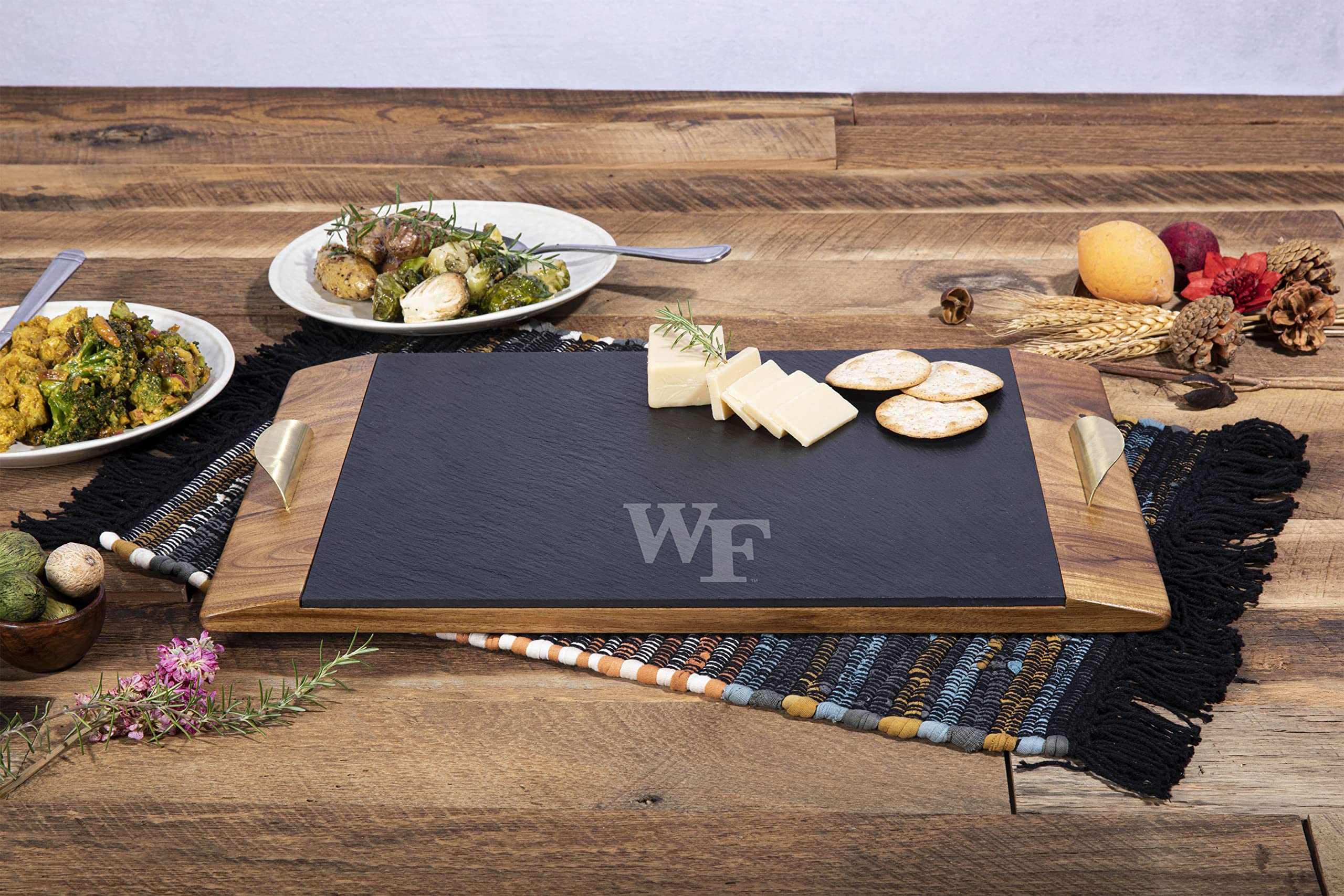 PICNIC TIME NCAA Wake Forest Demon Deacons Covina Acacia and Slate Serving Tray, Charcuterie Board Set, (Acacia Wood & Slate Black with Gold Accents)