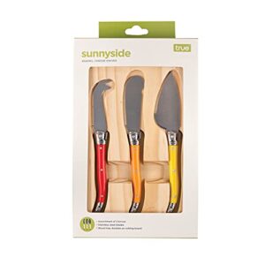 True Sunnyside Cheese Knives, Set of 3 Stainless Steel and Enamel Tools, Includes Wood Storage and Cheese Tray, Entertaining Gift Set