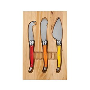 True Sunnyside Cheese Knives, Set of 3 Stainless Steel and Enamel Tools, Includes Wood Storage and Cheese Tray, Entertaining Gift Set