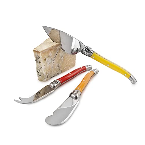 True Sunnyside Cheese Knives, Set of 3 Stainless Steel and Enamel Tools, Includes Wood Storage and Cheese Tray, Entertaining Gift Set