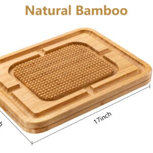 eletecpro Turkey Cutting Board with Grid Grip, Large 17x13x1.5 Inch Bamboo Steak Carving Board, Thick Butcher Block Reversible with Deep Juice Drip Grooves, Thick Serving Tray,Natural