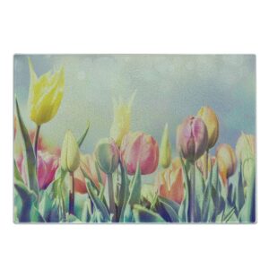ambesonne pastel cutting board, tulips flower bed in park serene landscape happiness fresh spring environment image, decorative tempered glass cutting and serving board, large size, bluegrey yellow