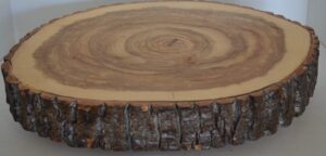 log slice slab for cake stand, cutting board, food serving or center piece with bark