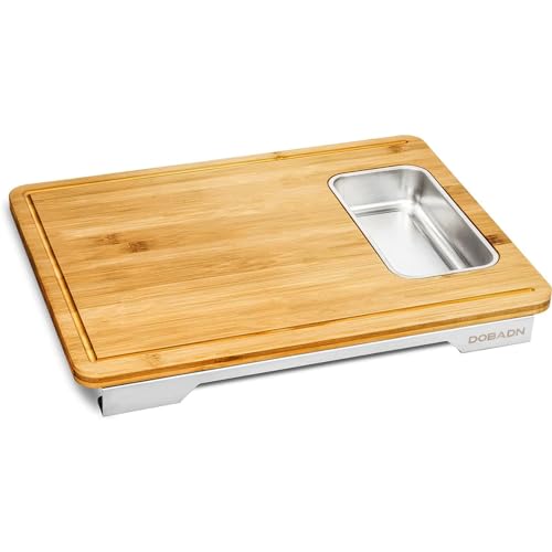 DOBADN Bamboo Cutting Board for Kitchen Meal Prep & Serving - Wood Chopping Board Cheese Charcuterie Chopping Block with Stainless Steel Container, Juice Grooves and Non-Slip Support Feet 16.5"x12.5"