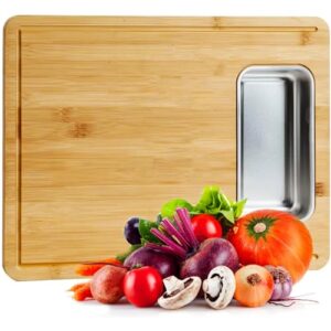 DOBADN Bamboo Cutting Board for Kitchen Meal Prep & Serving - Wood Chopping Board Cheese Charcuterie Chopping Block with Stainless Steel Container, Juice Grooves and Non-Slip Support Feet 16.5"x12.5"