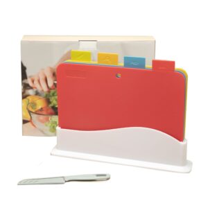 cutting board set made of food-grade plastic material, strong enough to withstand the sharpest knives you use for cutting. set includes a knife