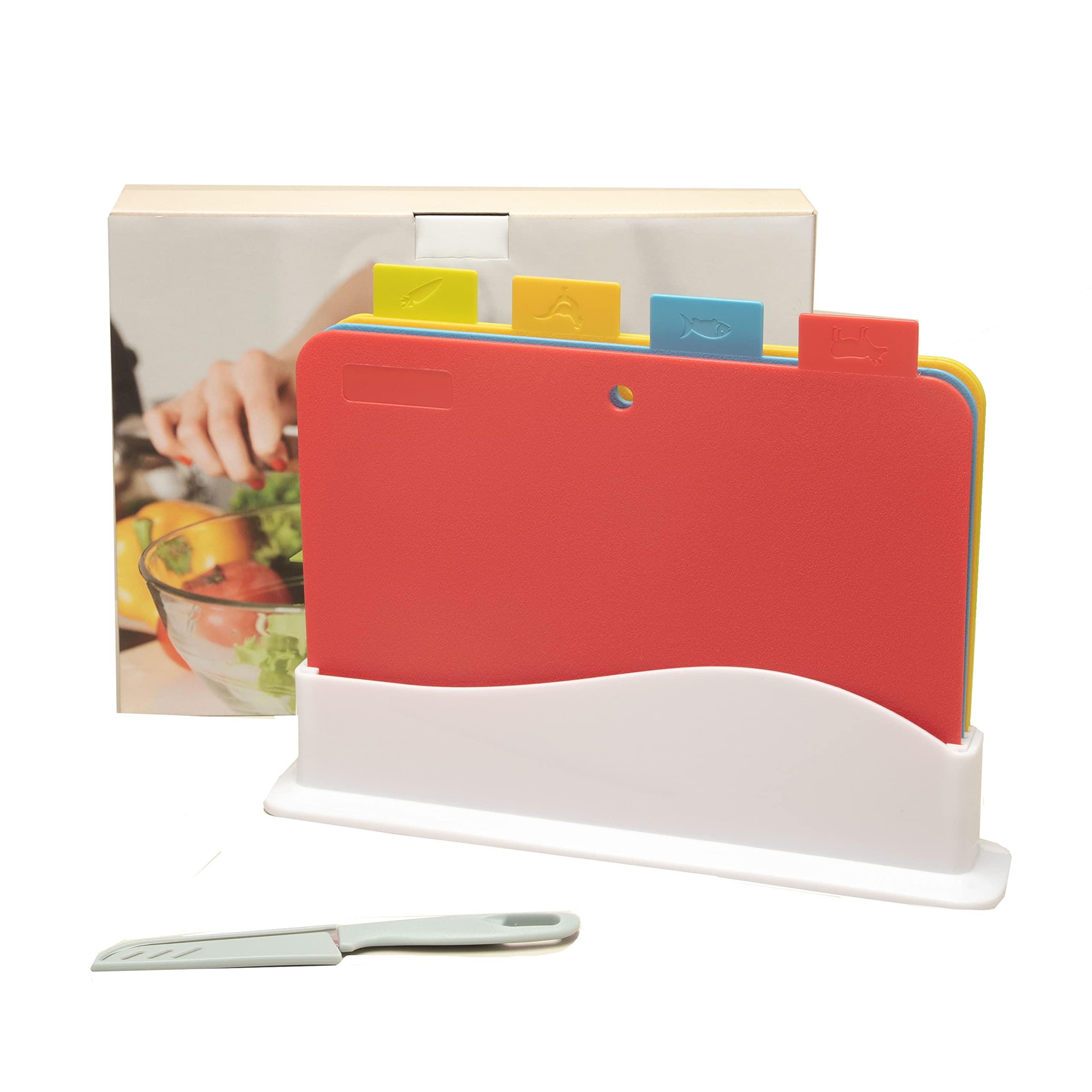 Cutting Board Set Made Of Food-grade Plastic Material, Strong Enough To Withstand The Sharpest Knives You Use For Cutting. Set Includes A Knife