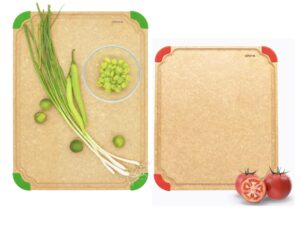 elihome index color coded wood fiber dishwasher safe cutting board for kitchen, food icon, eco-friendly, juice grooves, non-porous,non-slip feet,reversible, bpa free, made in usa,large & x large