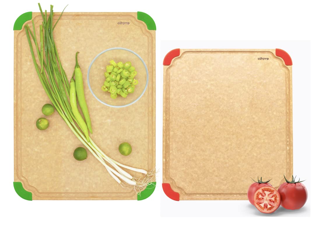 Elihome Index Color Coded Wood Fiber Dishwasher Safe Cutting board for Kitchen, Food Icon, Eco-Friendly, Juice Grooves, Non-Porous,Non-slip Feet,Reversible, BPA Free, Made in USA,Large & X Large