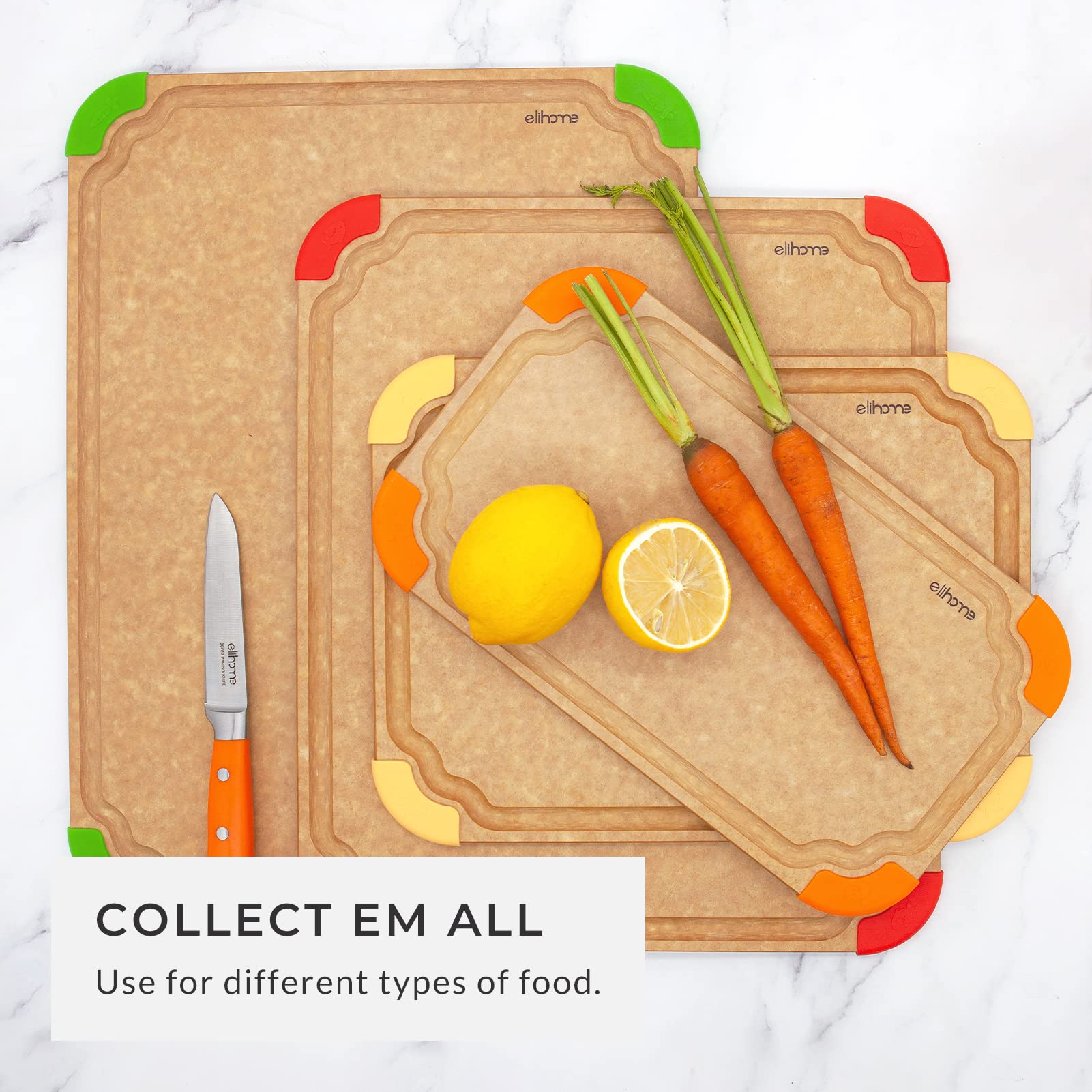 Elihome Index Color Coded Wood Fiber Dishwasher Safe Cutting board for Kitchen, Food Icon, Eco-Friendly, Juice Grooves, Non-Porous,Non-slip Feet,Reversible, BPA Free, Made in USA,Large & X Large