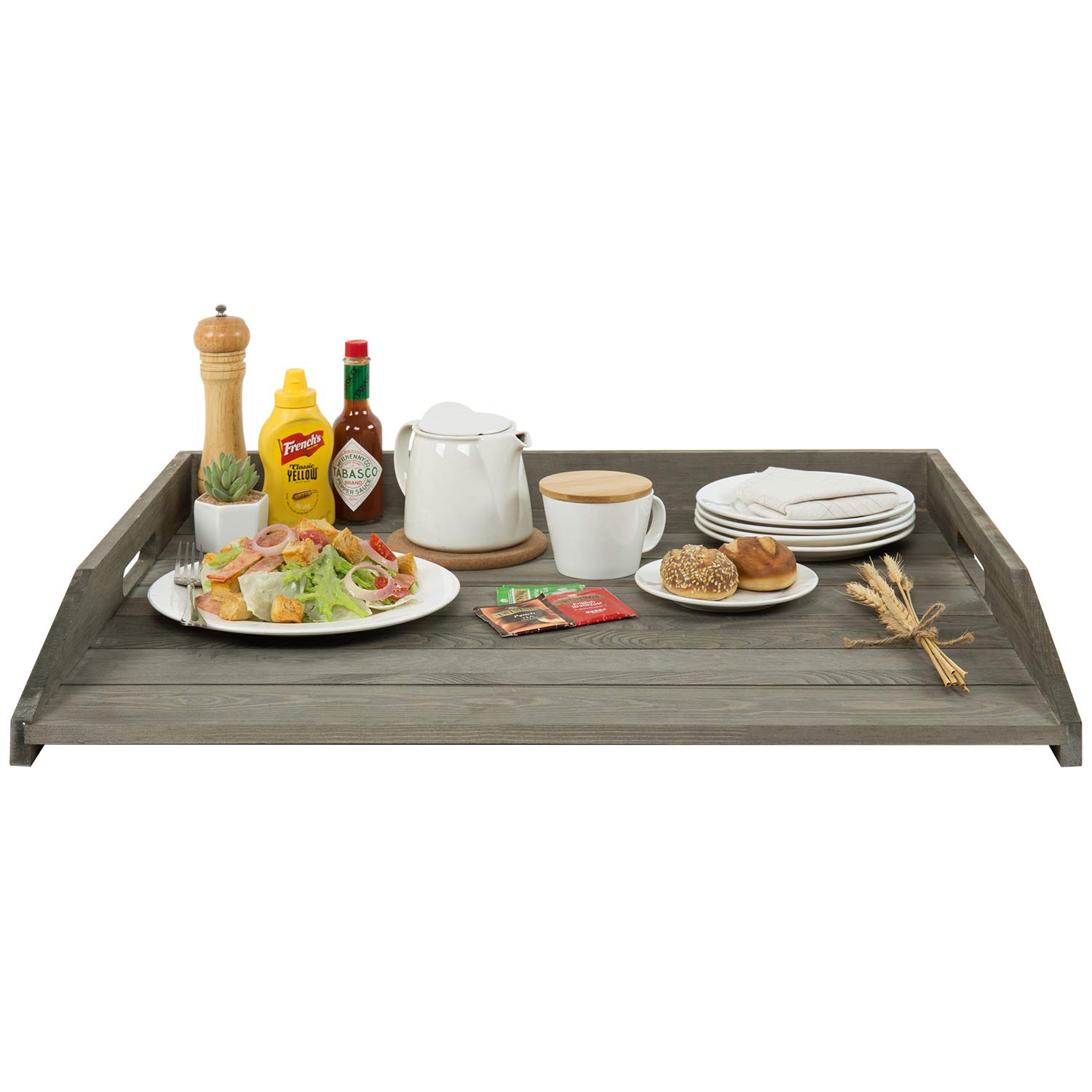 MyGift Vintage Gray Solid Wood Jumbo Sized Stove Top Cover and Countertop Tray/Noodle Board with Cutout Handles