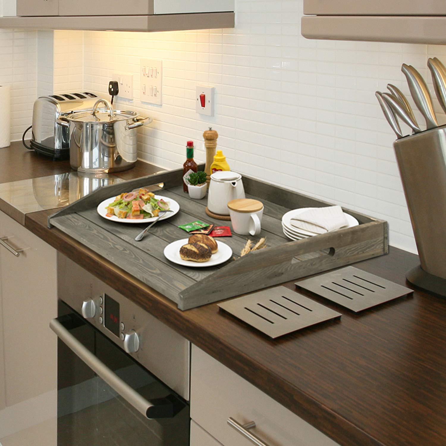 MyGift Vintage Gray Solid Wood Jumbo Sized Stove Top Cover and Countertop Tray/Noodle Board with Cutout Handles