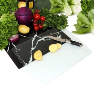 JAMBALAY Tempered Glass Cutting Board for Kitchen 12 x 16" 2 PCS, Marble Pattern Cutting Board, Chopping Board with Rubber Feet, Heat Resistant, Shatter Resistant, Dishwasher Safe, Black and Clear