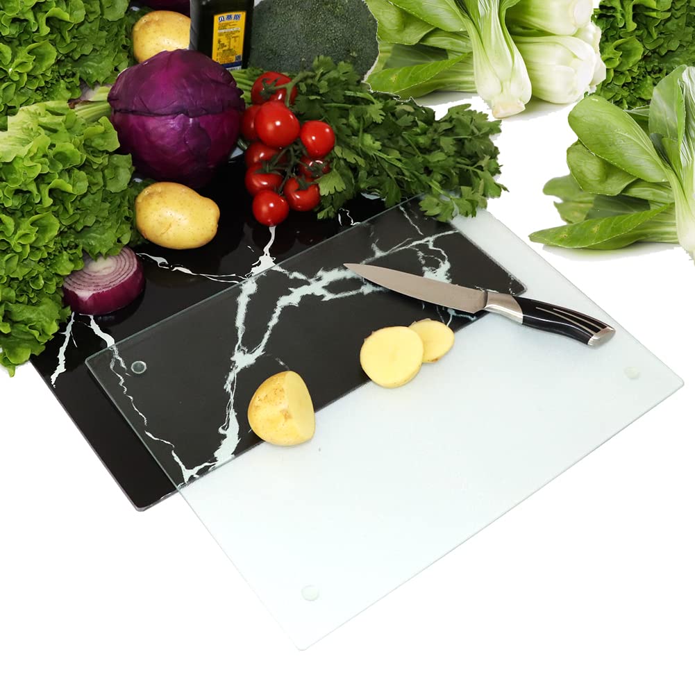 JAMBALAY Tempered Glass Cutting Board for Kitchen 12 x 16" 2 PCS, Marble Pattern Cutting Board, Chopping Board with Rubber Feet, Heat Resistant, Shatter Resistant, Dishwasher Safe, Black and Clear