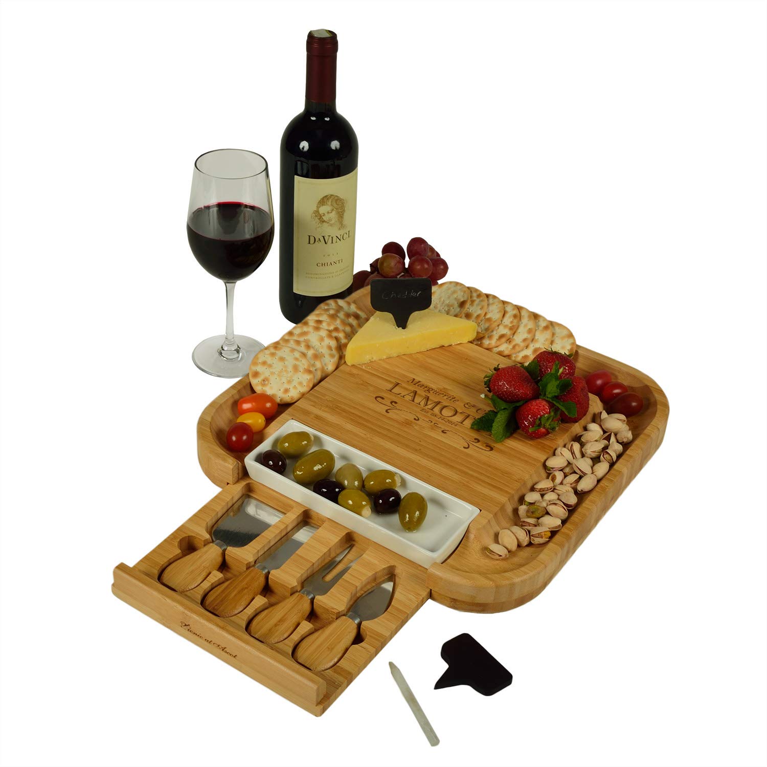 Custom Personalized Engraved Bamboo Cutting Board for Cheese & Charcuterie with Ceramic Dish, Knife Set & Cheese Markers -by Picnic at Ascot USA