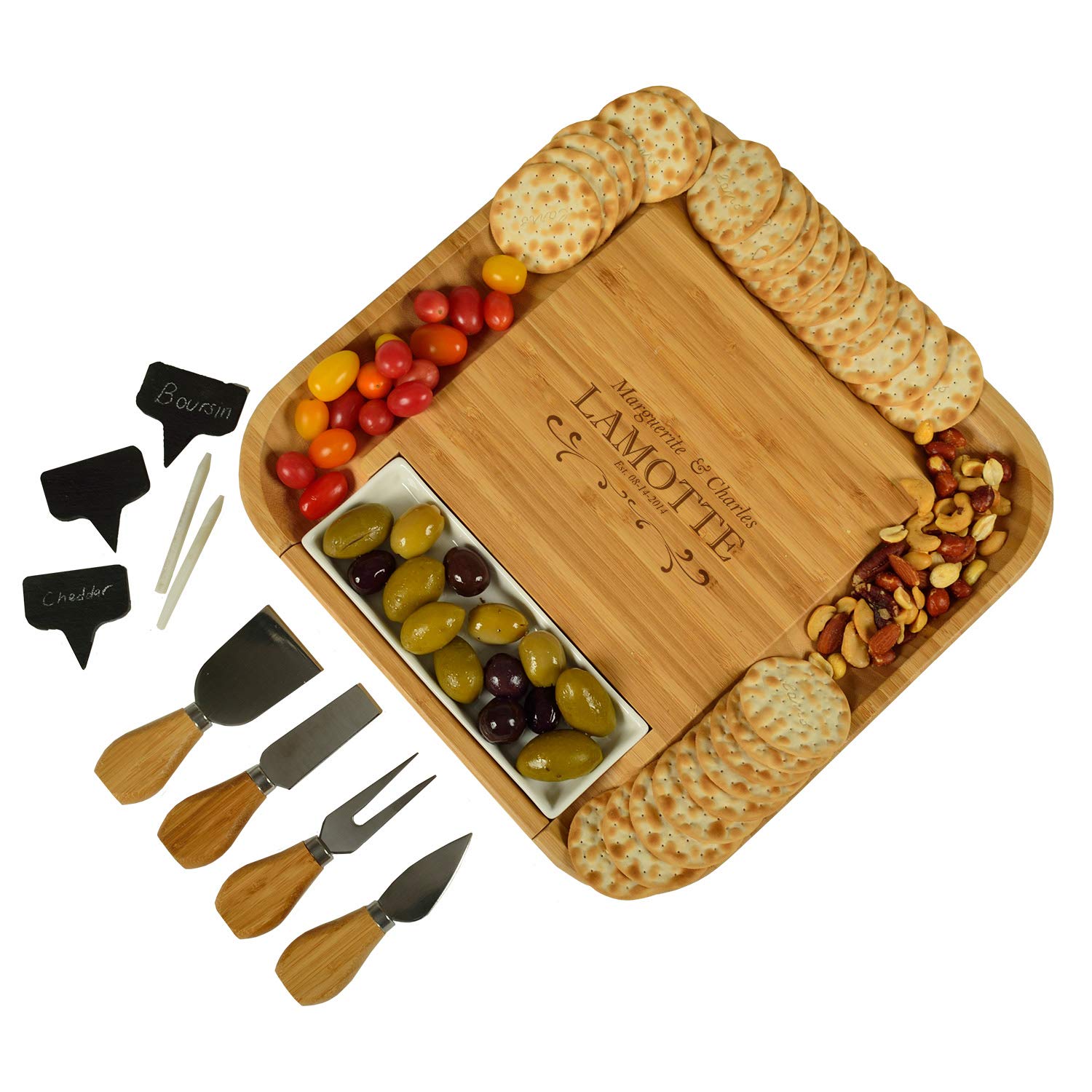 Custom Personalized Engraved Bamboo Cutting Board for Cheese & Charcuterie with Ceramic Dish, Knife Set & Cheese Markers -by Picnic at Ascot USA