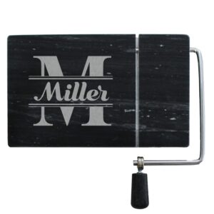 custom personalized black marble cheese board server with wire cutter - 5" x 8"
